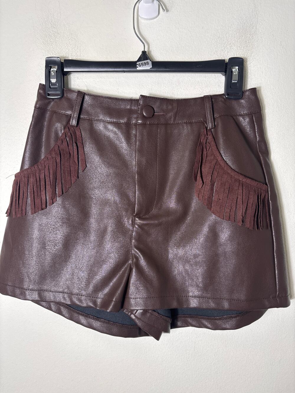 Kittenish Brown Fringe Faux Leather Shorts sz S